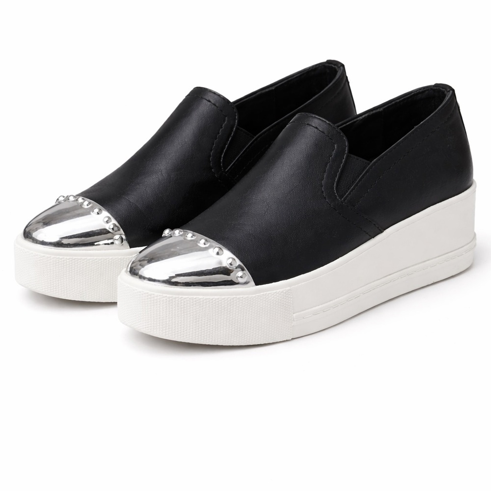 Black Wedge Slip-On Sneakers with Silver Studded Toe